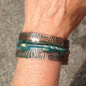 Wide Copper Bracelet fold formed and embossed, blue patina, Handmade in BC Canada fern pattern