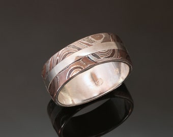 Waves Mokume Ring, Copper Silver, 8mm width, Handmade in BC Canada