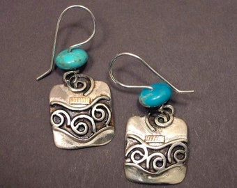 Turquoise Amber Silver Gold Earrings - Spirals Waves - Rectangle Earrings - Black Patina - Ocean Waves - Casual - Handmade in BC Canada
