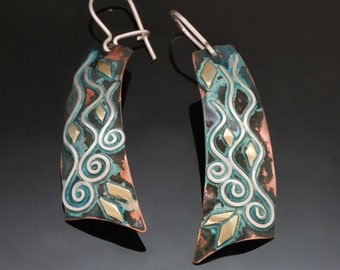 Spiral Copper Earrings Silver Brass - Long - Blue Patina - Handmade in BC Canada