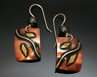 Copper Earrings Silver Brass - Hematite Bead - Peridot Bead - Patina - Handmade in BC, Canada