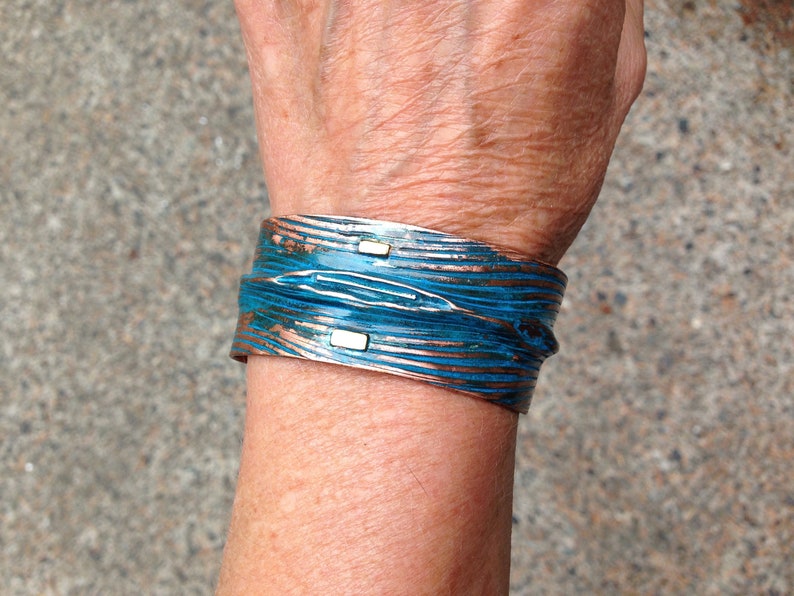 Wide Copper Bracelet fold formed and embossed, blue patina, Handmade in BC Canada waves pattern