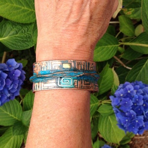 Wide Copper Bracelet fold formed and embossed, blue patina, Handmade in BC Canada square spiral