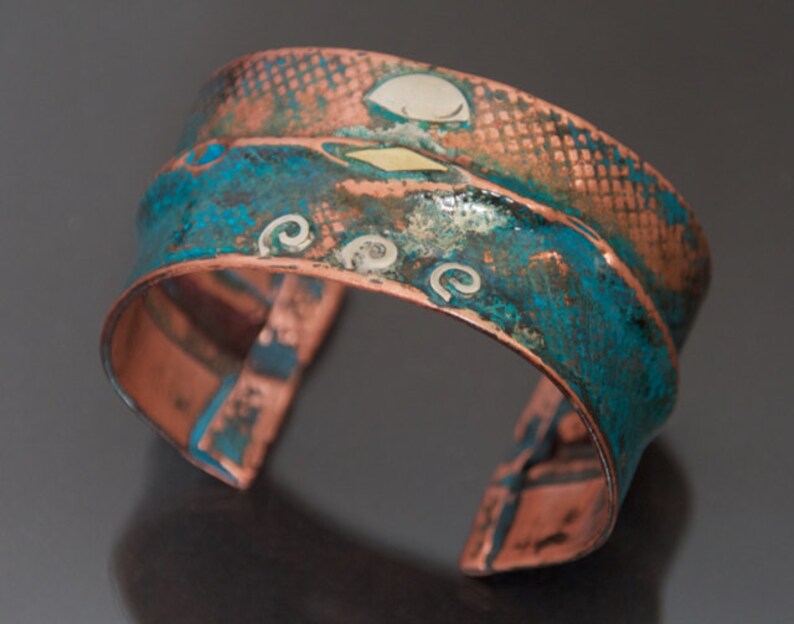 Wide Copper Bracelet fold formed and embossed, blue patina, Handmade in BC Canada Photo 2