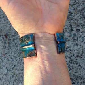 Wide Copper Bracelet fold formed and embossed, blue patina, Handmade in BC Canada image 8