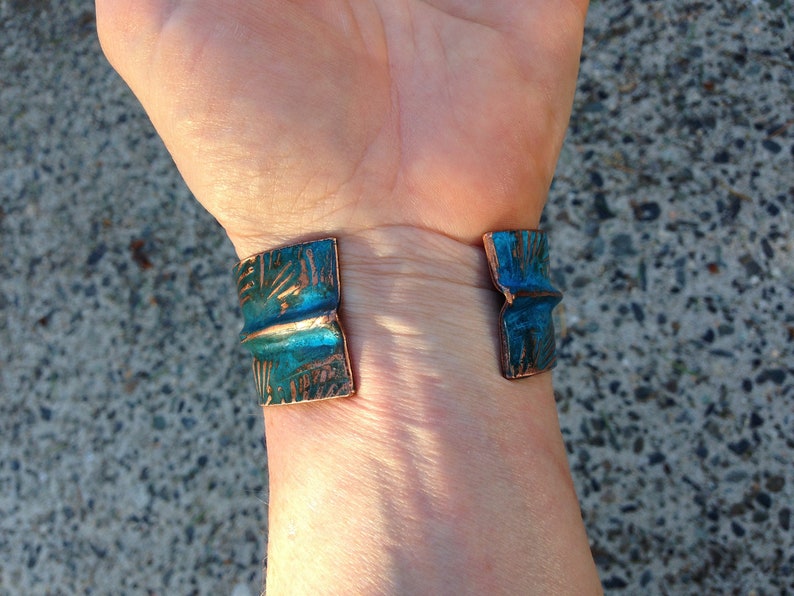 Wide Copper Bracelet fold formed and embossed, blue patina, Handmade in BC Canada image 8
