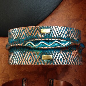 Wide Copper Bracelet fold formed and embossed, blue patina, Handmade in BC Canada zigzag pattern