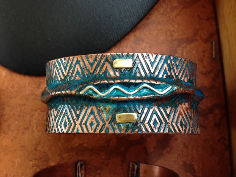 Wide Copper Bracelet fold formed and embossed, blue patina, Handmade in BC Canada zigzag pattern