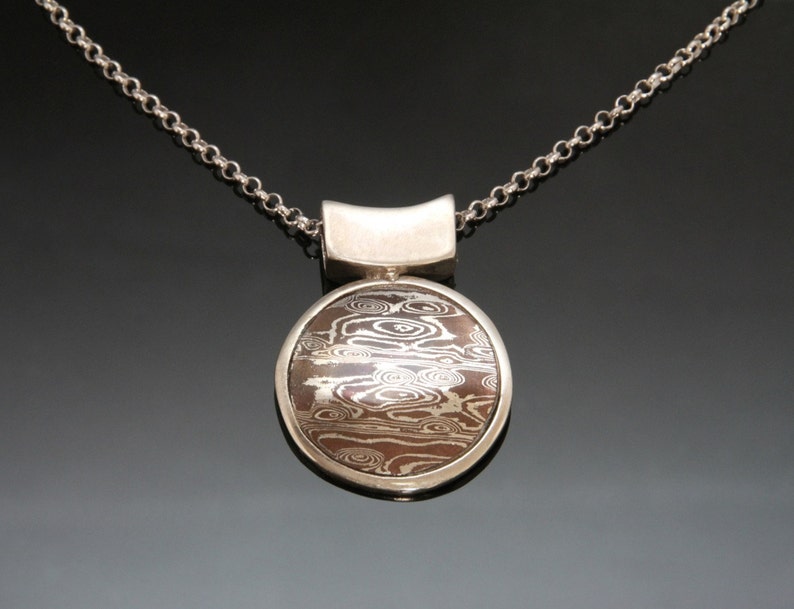Asian Round Mokume Gane Necklace Copper Silver Mokume Fused Nature Inspired Handmade in BC Canada Wood Grain Metal Elegant