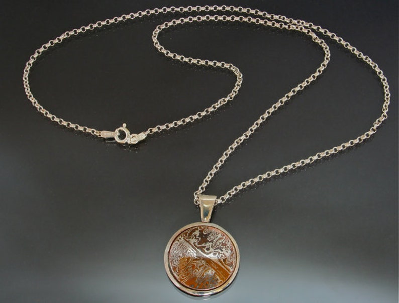 Asian Round Mokume Gane Necklace Copper Silver Mokume Fused Nature Inspired Handmade in BC Canada Wood Grain Metal Elegant