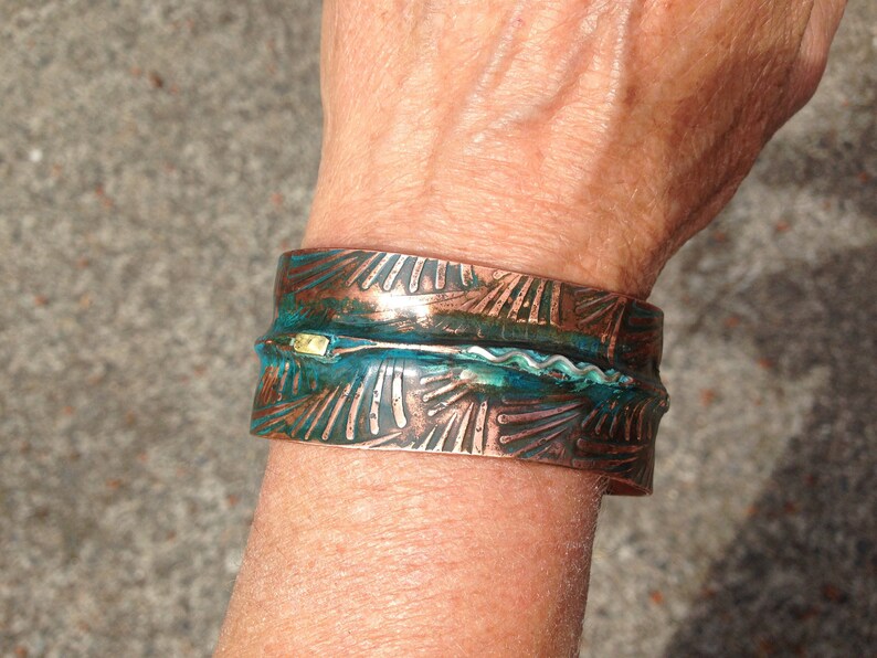 Wide Copper Bracelet fold formed and embossed, blue patina, Handmade in BC Canada fern pattern