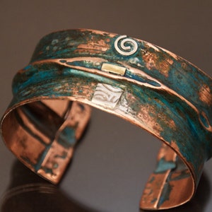Wide Copper Bracelet fold formed and embossed, blue patina, Handmade in BC Canada Photo 3