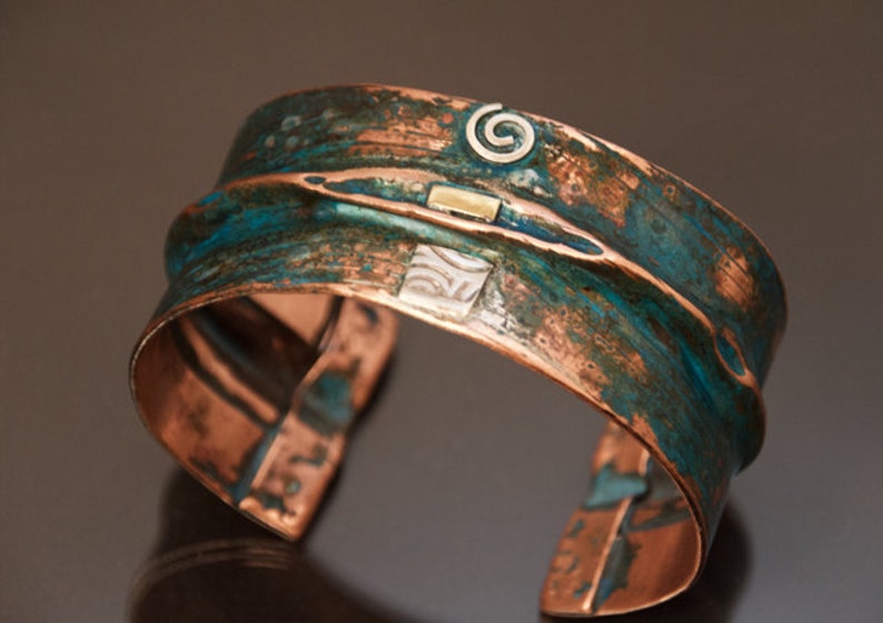 Wide Copper Bracelet fold formed and embossed, blue patina, Handmade in BC Canada Photo 3