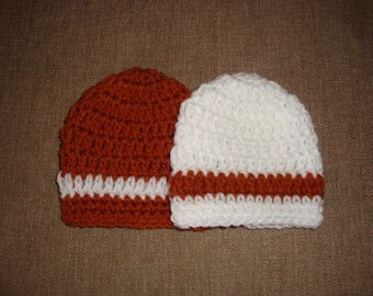 Twin Baby Boys Burnt Orange and White Crochet Hats/Beanies, UT, Longhorn, Univ. of Texas