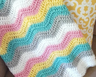 Baby Blanket Ripple White, Gray, Pink, Yellow, Aqua Blue 28" x 30"
