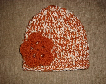 Adult Burnt Orange and Cream Double-Strand Chunky Crochet Flower Hat / Beanie, Texas Longhorn, University of Texas, UT