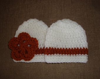 Boy/Girl Twin Baby Burnt Orange and White Crochet Hats/Beanies, UT, Longhorn, Univ. of Texas