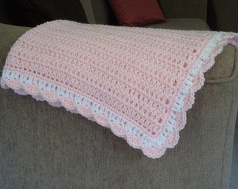 Baby Pink and White Crochet Blanket 24" x 28"