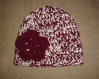 Adult Maroon and Cream Double-Strand Chunky Crochet Flower Hat / Beanie, Texas A&M, TAMU, Aggie, Mississippi State Bulldog