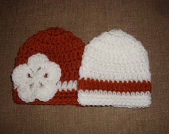 Boy/Girl Twin Baby Burnt Orange and White Crochet Hats/Beanies, UT, Longhorn, Univ. of Texas