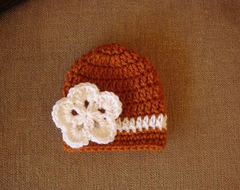 Baby Girl Burnt Orange and White Crochet Hat / Beanie, UT, Longhorn, Univ. of Texas