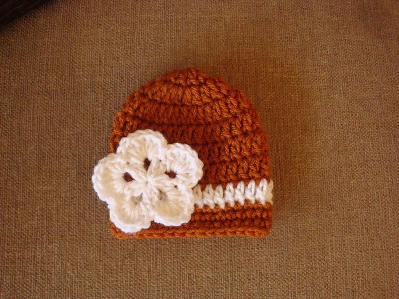 Baby Girl Burnt Orange and White Crochet Hat / Beanie, UT, Longhorn, Univ. of Texas image 1