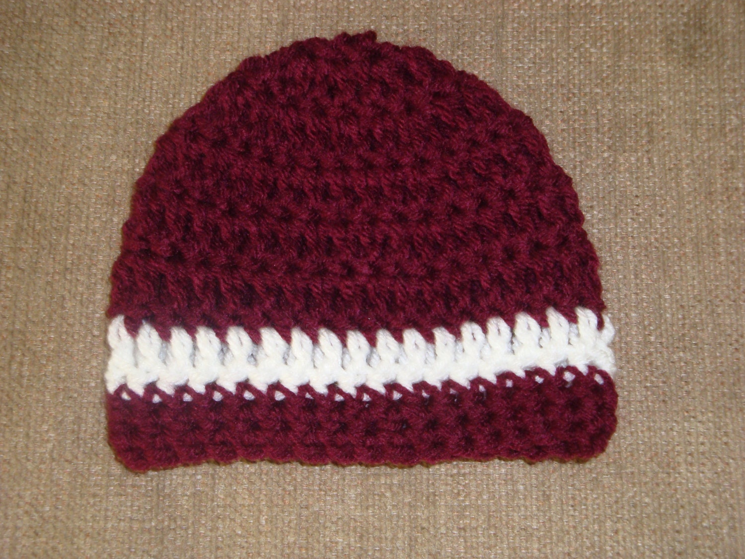 Baby Maroon and White Crochet Hat 