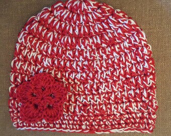 Adult Red and White Double-Strand Chunky Crochet Flower Hat/Beanie, UH Cougar, Nebraska Cornhusker, Wisconsin Badger