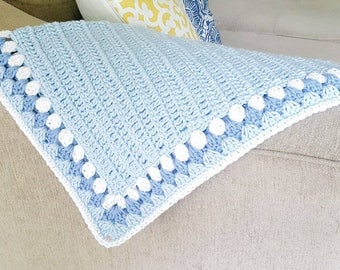 Baby Blue and White Crochet Blanket and Hat Set