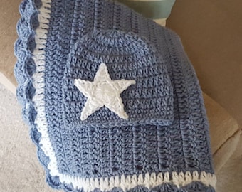 Baby Stonewash Blue and White Crochet Gift Set: Baby Blanket and Matching Star Hat