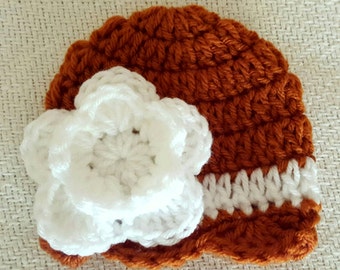 Baby Girl Burnt Orange and White Crochet Scalloped Double Flower Hat / Beanie, University of Texas, UT, Longhorn
