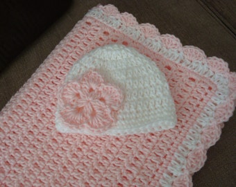 Baby Pink and White Crochet Gift Set: Baby Pink Blanket and Matching White and Pink Flower Hat