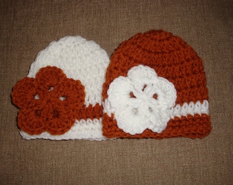 Twin Baby Girls Burnt Orange and White Crochet Hats/Beanies, UT, Longhorn, Univ. of Texas