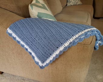 Stonewash Blue and White Crochet Baby Blanket 26"x30"