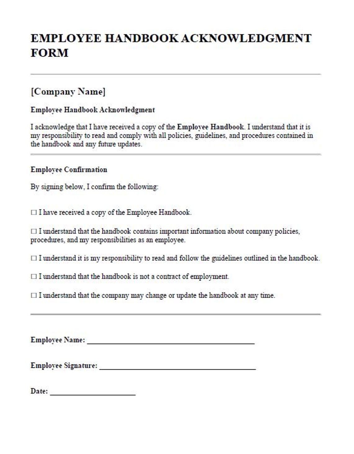 Employee Handbook Acknowledgment Form - Etsy