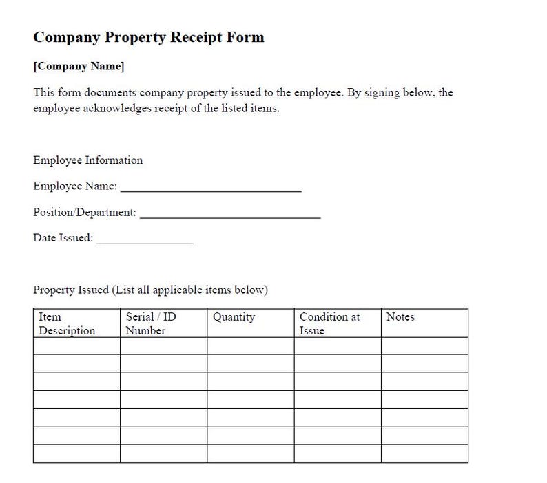 Company Property Receipt Form Template | Employee Equipment Issuance ...