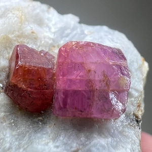 May include: Close-up of two rough-cut, pink and reddish-orange gemstones on a white, textured surface. The gemstones have a crystalline structure and varying shades of color. The background is out of focus.