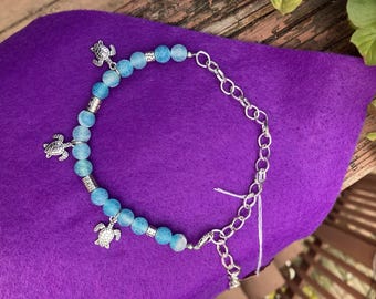 Sea Turtle Beaded Ankle Bracelet in Blue Crytal Beads with silver accent