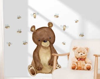 large BEAR nursery decor, fabric wall decal, cute bee stickers, toodlesdecalstudio