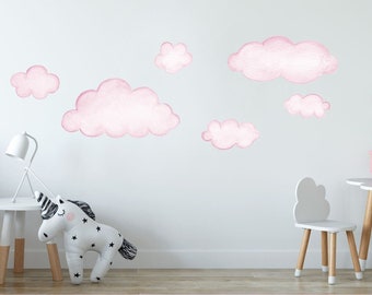Pink Clouds Fabric Wall Decal | Watercolor cloud fabric art stickers | Girls nursery Repositionable adhesive wall art | cloud decals