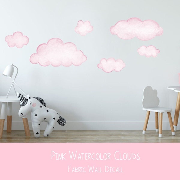 Pink Clouds Fabric Wall Decal | Watercolor cloud fabric art stickers | Girls nursery Repositionable adhesive wall art | cloud decals