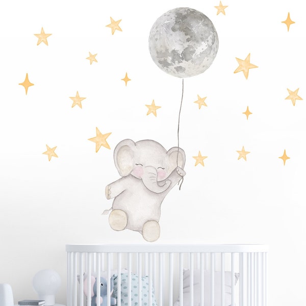 ELEPHANT fabric decal nursery art | watercolor star moon wall stickers | safari wall decal | gender neutral decals | toodlesdecalstudio
