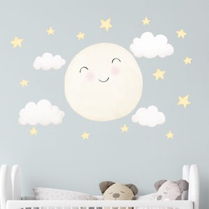full MOON wall decal, watercolor nursery wall decor, reusable fabric stickers, star fabric decals