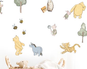 Décalcomanies murales classiques en tissu d'ourson, stickers vintage neutres, décoration réutilisable et amovible pour chambre de bébé