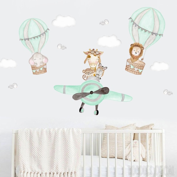 Safari wall decal nursery stickers | watercolor hot air balloons | safari nursery decor | plane fabric decal | cute baby shower gift