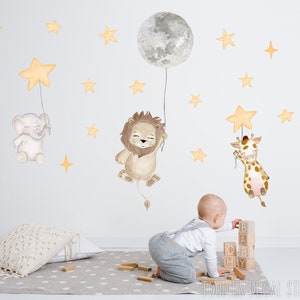 SAFARI fabric decal | lion nursery decor | watercolor star moon stickers | giraffe wall decal | elephant stickers | toodlesdecalstudio
