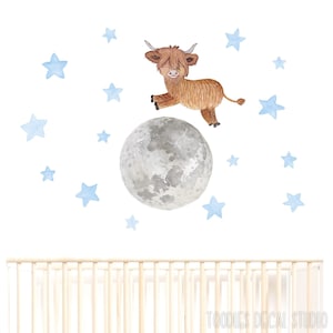 HIGHLAND COW fabric decal | moon nursery decor | watercolor wall stickers | star wall decal | gender neutral art | toodlesdecalstudio