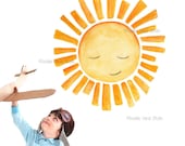 sun wall decal , sun fabric stickers, sunshine nursery wall art, gender neutral decals, happy sun face decal, watercolor baby decor