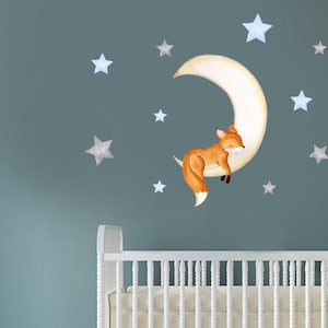 watercolor moon sleeping fox wall decal | boys woodland fox stickers | moon fabric wall decal | fox nursery decor | baby shower gift