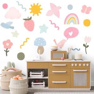 Big Doodle wall decals, fabric wall decals, Removable reusable playroom art, Rainbow wall stickers, Girl spring nursery decor